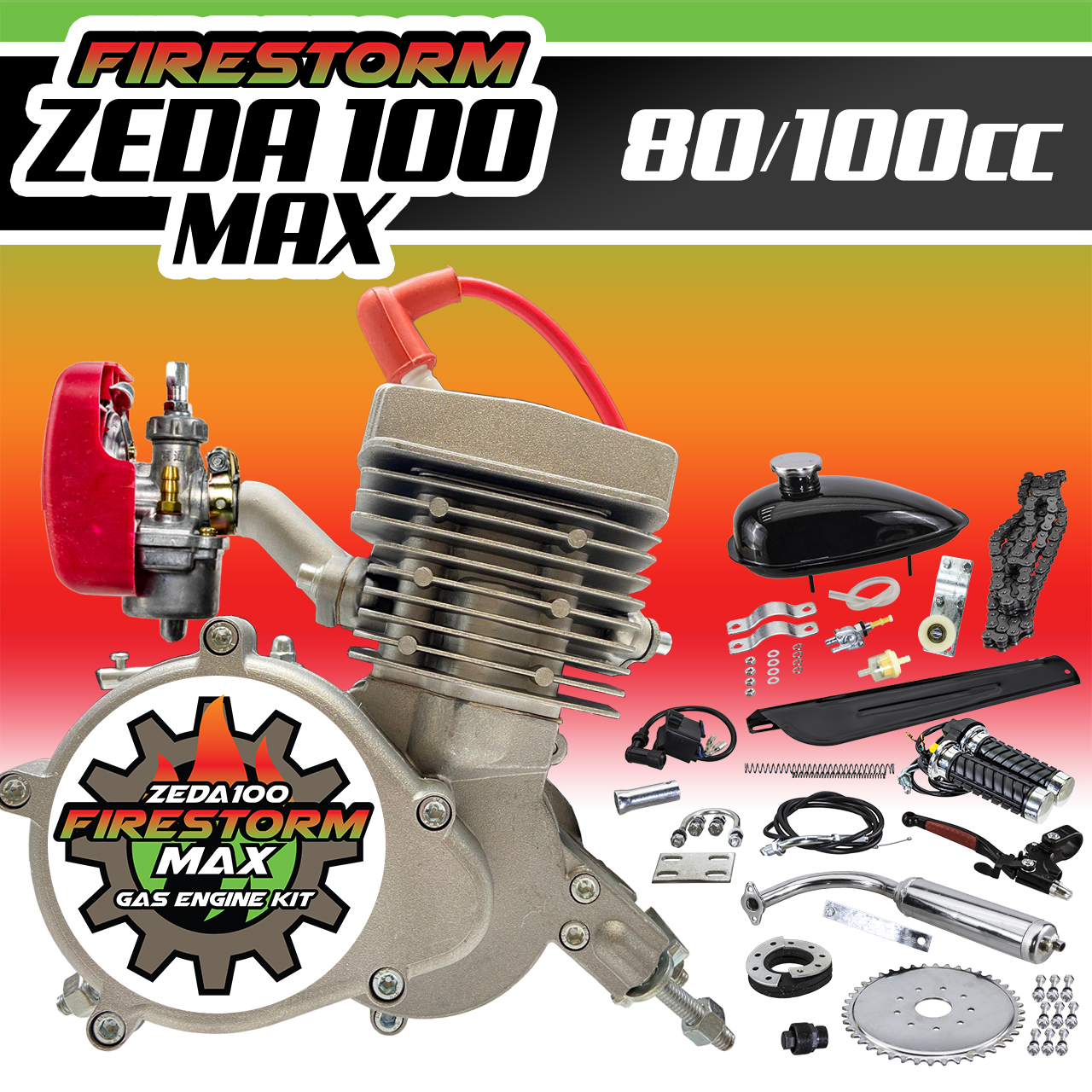 New Zeda 100 Max Complete 50mm Bore 2 Stroke Bicycle Engine Kit - 80cc/100cc - Firestorm Edition Questions & Answers