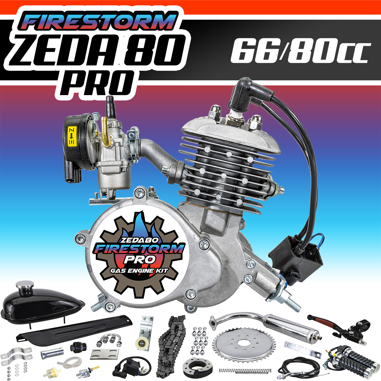 New Zeda 80 Pro Complete 80cc 2 Stroke Dual Spark Plug Motorized Bicycle Engine Kit - Firestorm Edition Questions & Answers